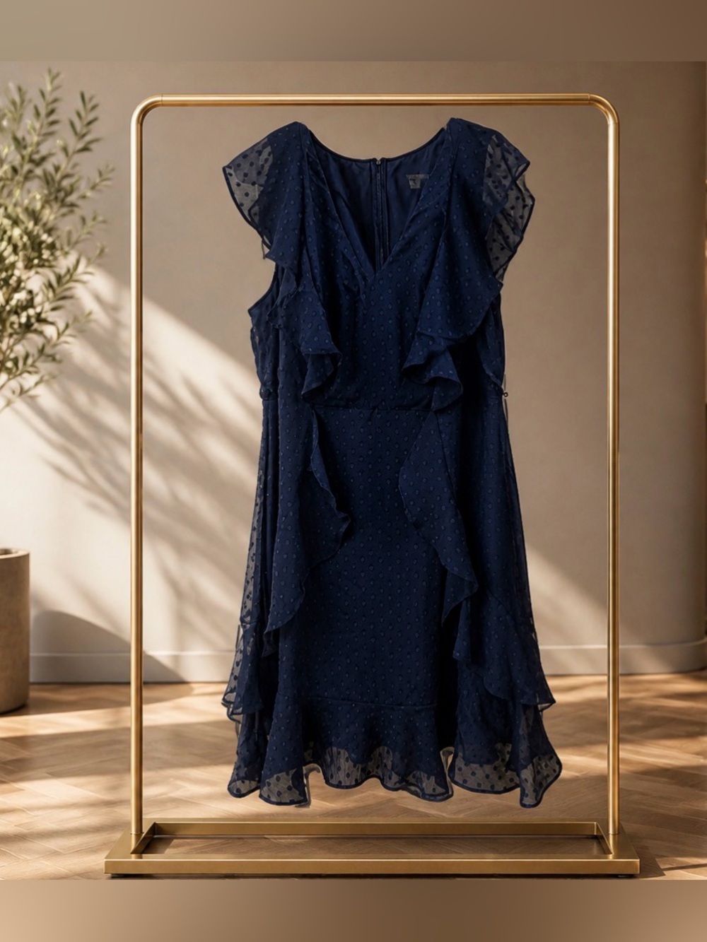 Tommy Hilfiger Navy Dot Ruffle Midi Dress
